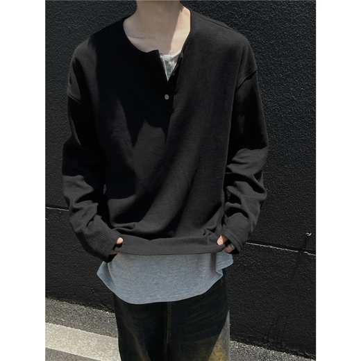 Jufeng fake two-piece Henry collar long-sleeved T-shirt men's 2025 autumn and winter new heavyweight inner layering shirt loose top gray - V-neck double-breasted XL