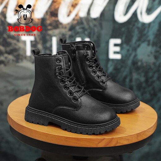 Babudou (Bobdog) Botas Martin de vellón para niños 2024 Otoño e invierno Niños y niñas grandes botas amarillas grandes Anti-Slip Medium y grandes zapatos de algodón de algodón de algodón cálido para niños C023-Black (FLEE) Tamaño 34 (longitud interna 21.5cm/pie de longitud 21.0 cm)