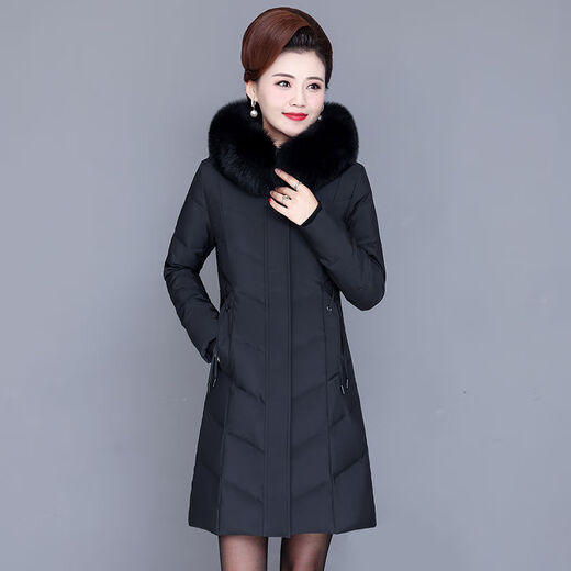 50-60岁防寒保暖老人家冬天穿的羽绒服女中年妈妈装2022新款冬装中老年女中长款加厚保暖大码外套 9928#黑色【高仿毛领】 XL_【建议120-140斤】