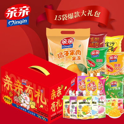 亲亲果冻虾条零食女生整箱年货送礼小吃随礼礼盒虾条糖果 解馋37袋(1585g)礼盒装