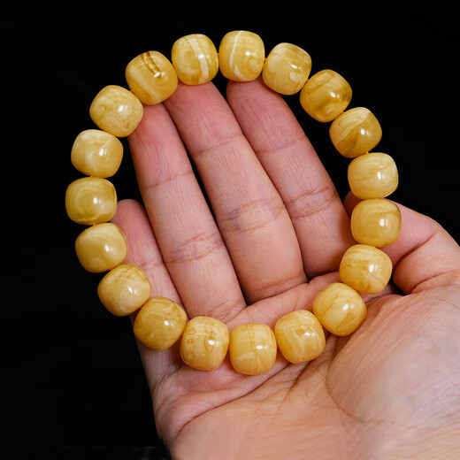 Yingyou natural amber beeswax bracelet for men, Russian chicken fat yellow straight cut barrel beads single circle bracelet for women 12.5mm certificate number 38 0 carat 12 yellow and white flowers