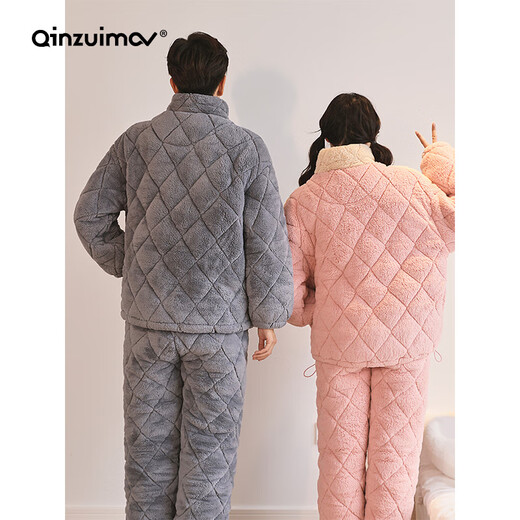 亲嘴猫（QINZUIMAO）情侣睡衣冬季可爱冬天三层加厚家居服珊瑚绒夹棉男女士套装 6167 M 3层