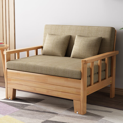 
Wooden Master simple solid wood sofa bed for small household apartment folding living room multi-function dual-purpose office balcony telescopic single bed with 1.5 m wide outer width, coconut brown cushion (please note the color of the cloth cover)