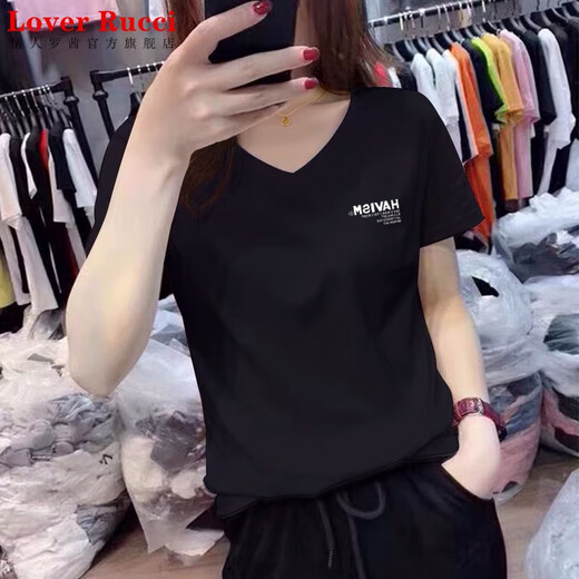 
LOVER RUCCI pure cotton shoulder short-sleeved V-neck T-shirt women's 2025 summer new loose slimming basic white half-sleeved top V-neck KC698 white L