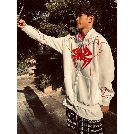 7 best sweatshirts for men's spring and autumn loose hooded cardigan trendy Spider-Man plus velvet thickened versatile couple jacket XDA-699 white L