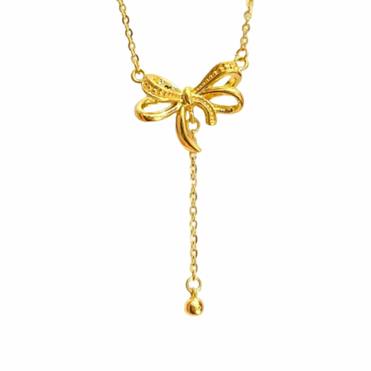 Fat Donglai's same style 18k gold butterfly necklace with K gold knot tassels. Female fugitive princess gold and silver ribbon clavicle chain. New product 18K gold butterfly knot hollow tassel necklace.