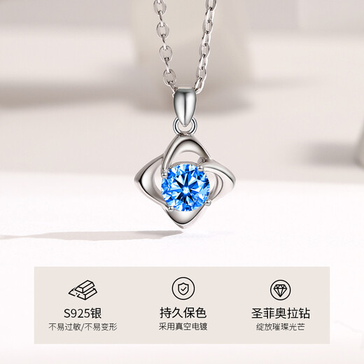 VIGG four-leaf clover silver necklace women's clavicle chain birthday Chinese Valentine's Day gift for girlfriend and wife wedding anniversary four-leaf clover necklace (sea blue) eternal flower gift box