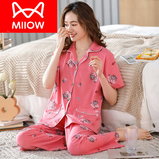 Catman (MiiOW) pure cotton middle-aged and elderly pajamas for women short-sleeved long trousers large-size cardigan thin two-piece lapel home clothes YMY 671 L 100 120Jin [Jin equals 0.5 kg]