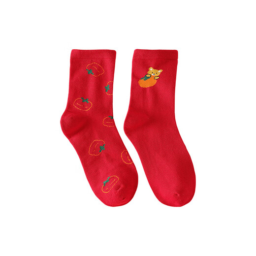 红豆儿童袜子男女童本命年红色新年四季棉袜中筒袜2双装W5009 22-24cm