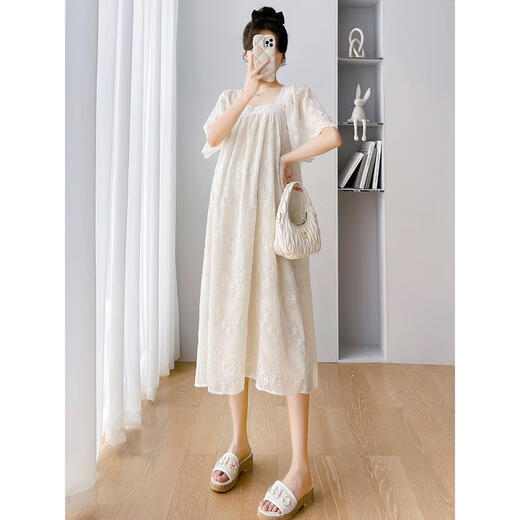
Geman maternity dress summer loose large-size top covering belly summer skirt puff sleeve maternity dress summer skirt off white XL (recommended 140-160 Jin [Jin equals 0.5 kg])