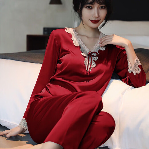 朵弦居睡衣女夏季长袖长裤冰丝两件套家居服性感丝绸仿真丝女士可爱套 长袖9856浅粉套 均码 80-100斤