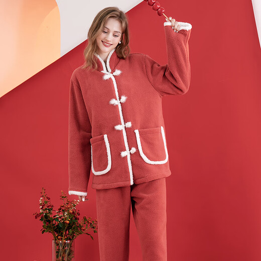 Fenton Pajamas Women's Autumn and Winter Coral Velvet Thickened Stand-up Collar Long Sleeve Imitation Sherpa Festive Chinese Pajamas Home Clothing New Year Maple Leaf Red XL