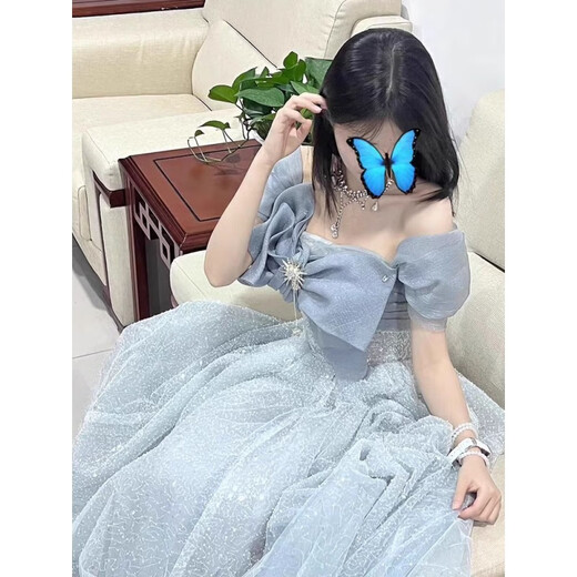 雷姆汀一字肩晚礼服女宴会气质轻奢洋气高端主持人艺考成人礼蓬蓬裙演出 灰蓝色 无肩膀两边的链条 S