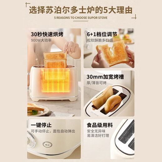 SUPOR Toaster Breakfast Toaster Automatic Home Small Toaster Toasted Bun Slices Bread Sandwich Double-sided Heating and Reheating 6 Adjustable Levels DJ806