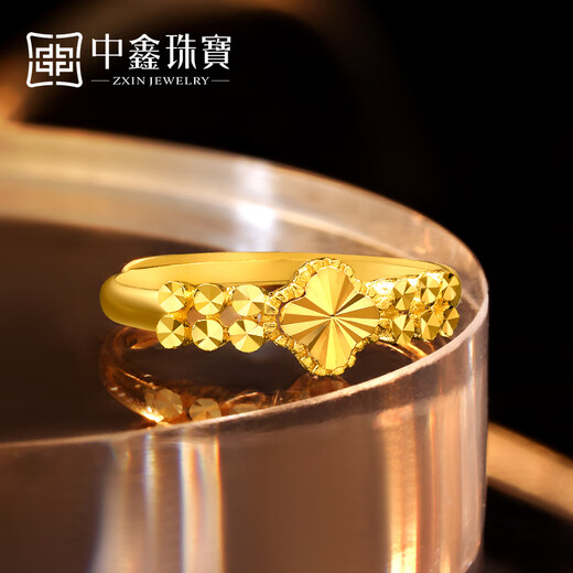 Zhongxin Jewelry Lucky Four-leaf Clover Car Flower Gold Ring Adjustable Pure Gold 999 Tail Ring Birthday Gift to Girlfriend Gold Jewelry Festival 3.2g