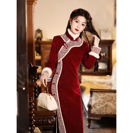 Du Yanzhi red cheongsam winter long-sleeved thickened warm toasting clothing bride New Year's New Year greetings clothing female adults Chinese style red-Yuzhuxin XL (170) 110-120Jin Jin equals 0.5 kg