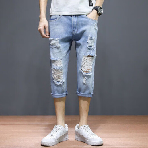 Beggie Chess summer thin jeans men's cropped pants student pants 7-point pants ripped shorts men's Korean style slim fit trend 687 black [main picture] cropped pants size 36 [2 feet 8]
