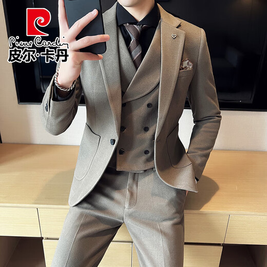Pierre Cardin (pierre cardin) business slim suit men's spring and summer new woolen suit three-piece suit groom wedding formal dress SJT8339 khaki three-piece suit suit + trousers + vest XL