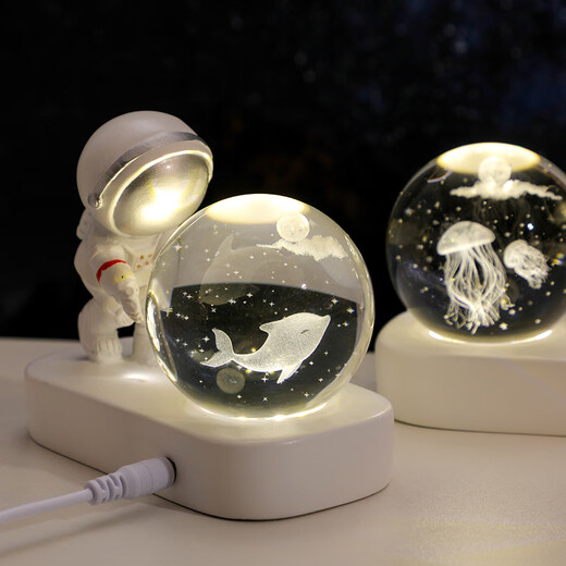 Fascini Astronaut Night Light Little Prince Crystal Ball Luminous Base Desktop Ornament Birthday Gift Beloved Astronaut-Moon Gift Box