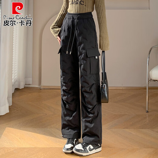 Pierre Cardin down pants women's outer wear winter new style cold-proof and waterproof thickened high-waisted straight loose warm ski overalls cotton pants black S suitable for 78 to 90 Jin Jin equals 0.5 kg
