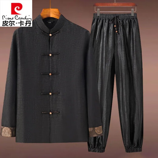 皮尔卡丹（pierre cardin）香云纱套装春季真丝桑蚕丝连袖中式男唐装中青年中山装中国风外套 上衣+9226裤 M 100-115斤