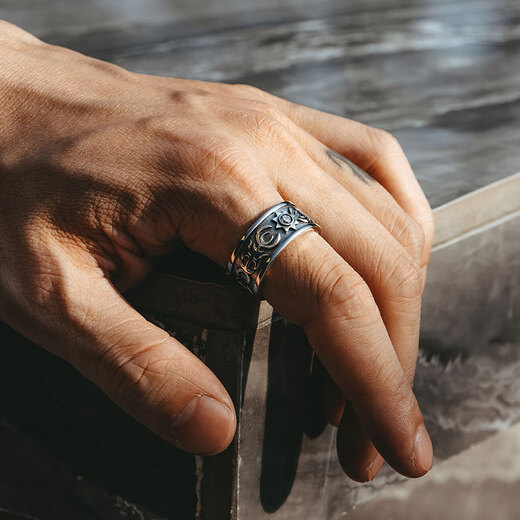 Mingyang Decorative Sea 925 Silver Sun Totem Ring Men's Ring Trendy Retro Fashion Personality Versatile Adjustable Open Ring Mido 10# (Suitable for Hong Kong Size 22-24)