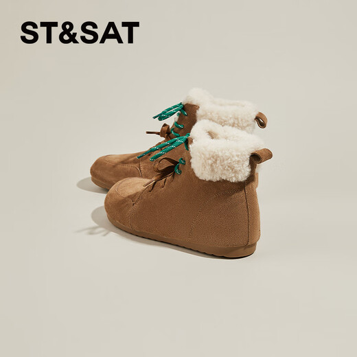 星期六雪地靴女平底内增高系带加绒保暖复古防寒棉鞋2025秋季新款 棕色 36 (230mm) 标准码