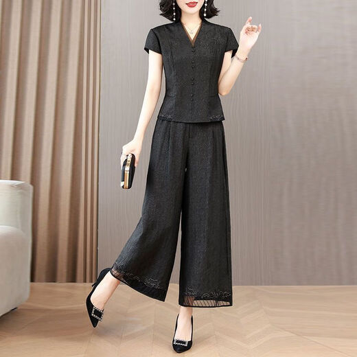 JYMMU Guangzhou Thirteen-Long Women's High-end Summer Two-Piece Set Women's 2024 New Style Temperament Slimming Belly Black 1416# 2XL 116-130Jin[Jin equals 0.5 kg]