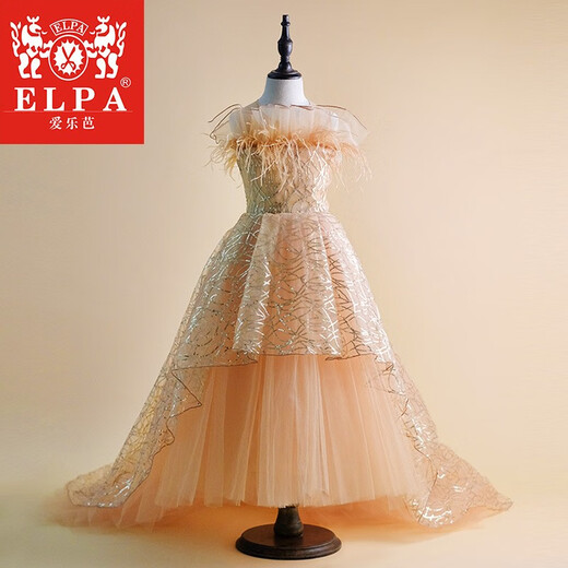 ELPA 女童公主裙礼服洋气儿童高端礼服蓬蓬纱花童走秀主持钢琴演出 金色羽毛连衣裙 150