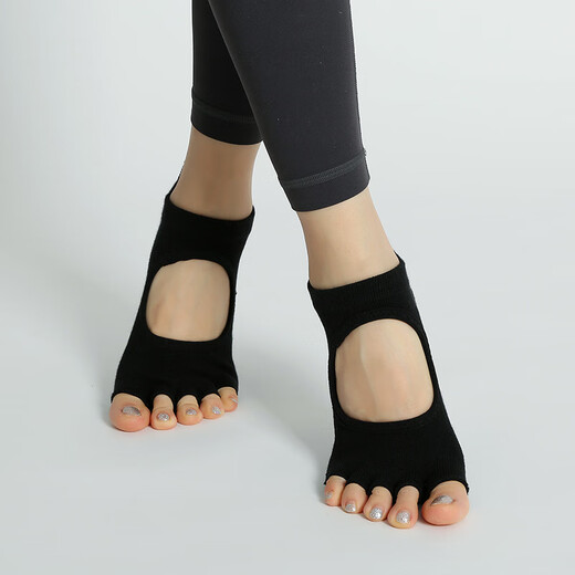Rindu summer yoga socks split toe five-toe socks women's dance socks silicone non-slip open toe Pilates indoor training socks black pair one size (34-39)