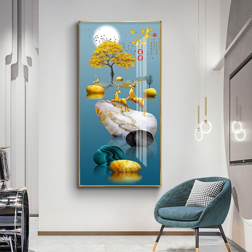 Xiao Lulin Light luxury entrance decoration painting New Chinese style entrance painting aisle corridor mural Nordic abstract elk hanging painting crystal porcelain painting 14088 Home and Fugui Crystal porcelain painting 90*180 cool black (customized size)