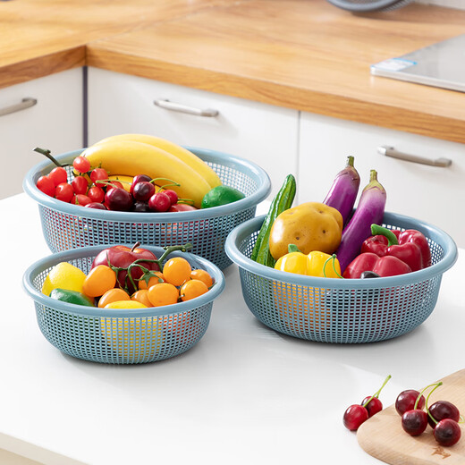 WORTHBUY drain basket plastic hollow kitchen household vegetable basket vegetable basket fruit basket drain screen blue three-piece set