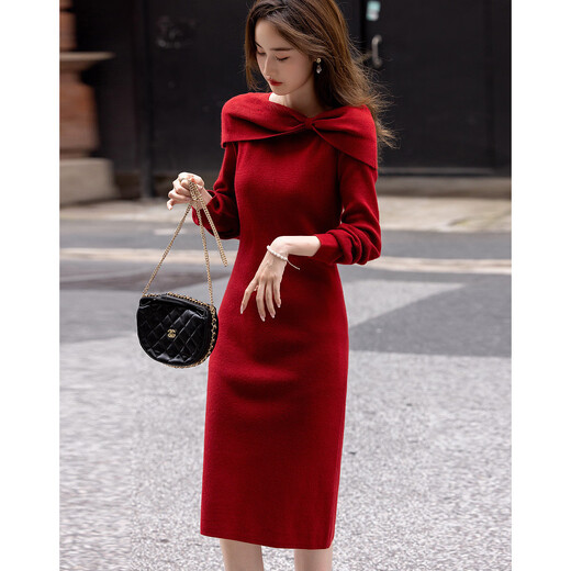 Demana Kim Secretary Outfit Autumn and Winter French Intellectual Little Woman Butterfly One-Neck Knitted Mid-Length Women's Dress