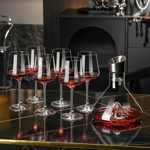 RIDOSS new red wine glass decanter set household high-end cup holder European large wine crystal goblet romantic style * 6 + with handle + golden smooth sailing rack