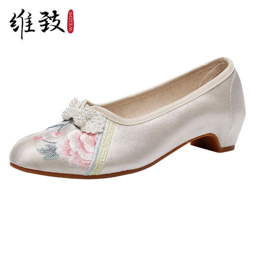 Weizhi old Beijing cloth shoes pointed toe fashion embroidered shoes versatile dance shoes cheongsam shoes Hanfu shoes WZ1047 beige