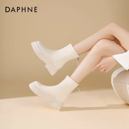 达芙妮官方短靴女2025新款秋冬加绒瘦瘦靴白色厚底马丁靴百搭烟筒靴子女 米白色【5.5cm厚底显高】 36