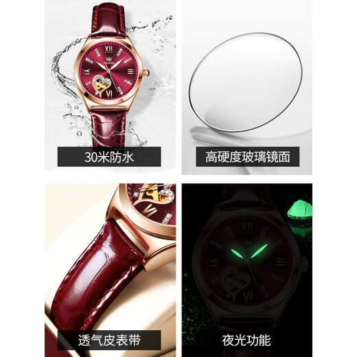 欧利时2025年新款瑞士十大品牌手表女士全自动机械表前十名表皮带防水 6636浣酒红【皮表带】