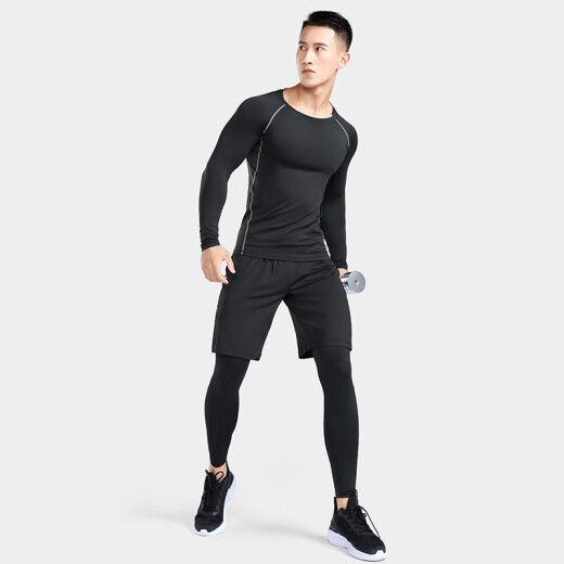 Van Dimo ​​Sports Suit Men's Fitness Clothing Tights Running Basketball Black Stitching-Long Sleeve Three-Piece Suit M