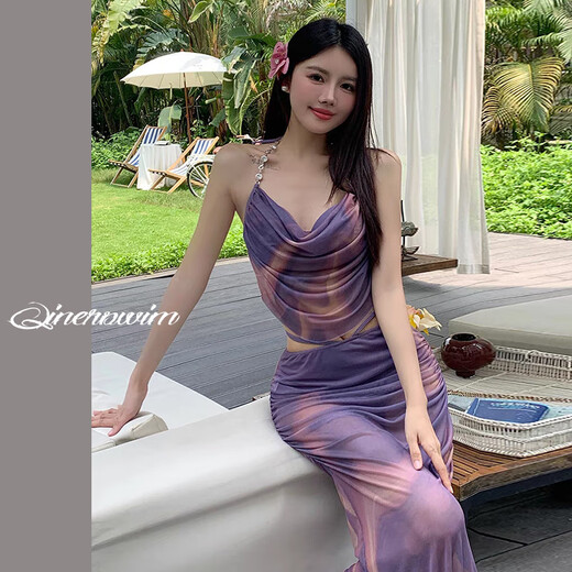 Ershanji Bikini Swimsuit Women's One-piece Snorkeling Suit for Hot Spring Beach Playing in the Water Sexy Internet Celebrity New Outerwear Purple Long Skirt Bikini 80-120Jin Jin equals 0.5 kg