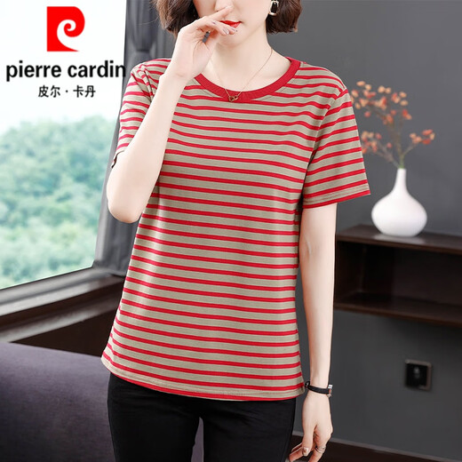 Pierre Cardin T-shirt à manches courtes pour femmes Pure Coton Mère d'âge moyen L Mother Suit 2025 Nouvelle grande taille l évolutive Loose Covering Striped aiguille 688 # à manches courtes [bleu brut] 2xl Recommandé 125-140jin [Jin est égal à 0,5 kg]
