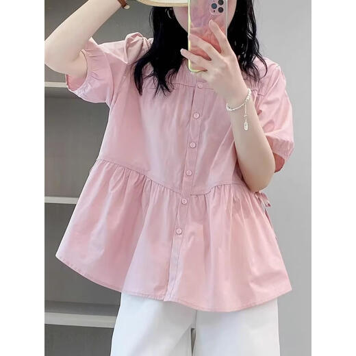 Geman maternity top summer loose belly cover short-sleeved shirt women's suit fashionable new doll shirt two-piece summer suit pink top + white shorts suit XL