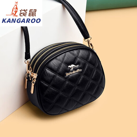 袋鼠（KANGAROO）女包2024新款时尚三层小圆包女斜挎包软皮气质百搭女手提包单肩包 黑色