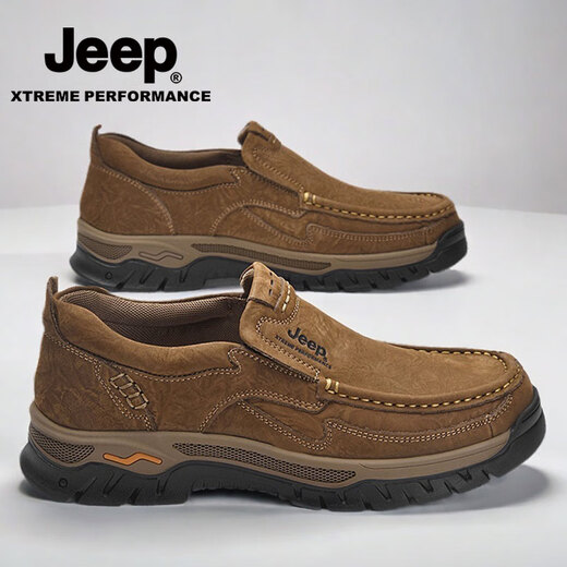JEEP Jeep first-layer cowhide casual shoes for men in autumn and winter new soft-soled hiking shoes one-legged lazy casual business leather shoes khaki foot style standard leather shoe size 41 (255mm)