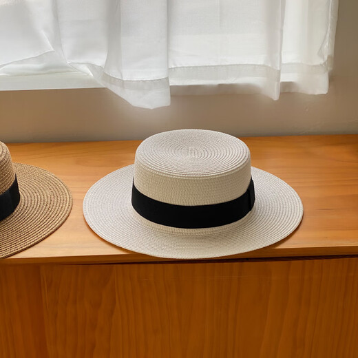Nanbomaru French flat-top straw hat for women, summer sun protection, seaside vacation beach hat, new flat-brimmed straw woven hat, white, adjustable (5560cm)