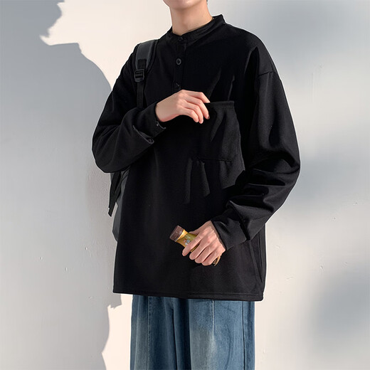 Homlean American retro long-sleeved T-shirt men's autumn Henry collar loose casual sweatshirt bottoming shirt HM07 black 2XL