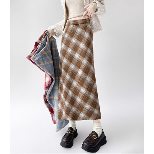 Hao'e retro woolen plaid skirt for women autumn and winter brown high waist slim pear-shaped figure long slit a-line skirt khaki M recommended 96-110Jin Jin equals 0.5 kg