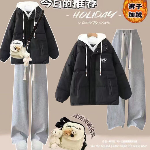 FHHUABD冬季女装全套小个子可爱加绒加厚包包套装女学生韩版宽松面包 牛仔裤 1396# S  建议80-95斤
