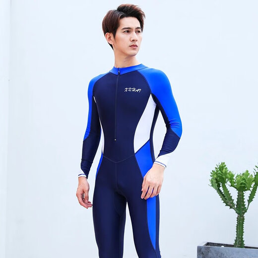 Dianruo one-piece swimsuit men's long-sleeved trousers suit sun protection quick-drying swimming training slimming surf suit summer full body soak one-piece navy blue and white L