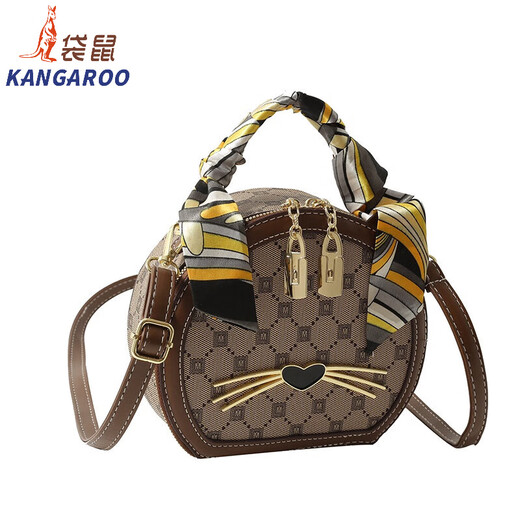 袋鼠（KANGAROO）千鸟格小圆包2024新款时尚百搭感小众圆形包手提斜挎小包包 KJ米白