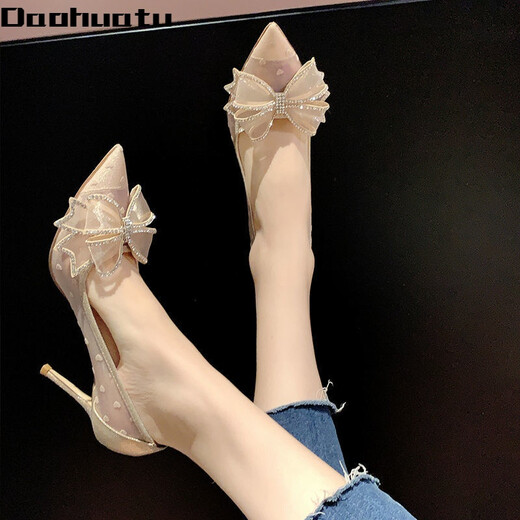 Daohuatu rhinestone bow high heels women's stiletto heels 2021 summer new versatile lace pointed crystal single shoes wedding shoes mesh beige upgraded version 5 cm 34 standard size